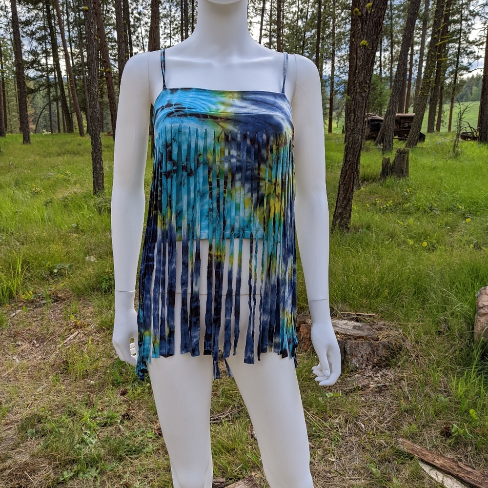 Blue gecko spaghetti strap tie-dye top with fringe